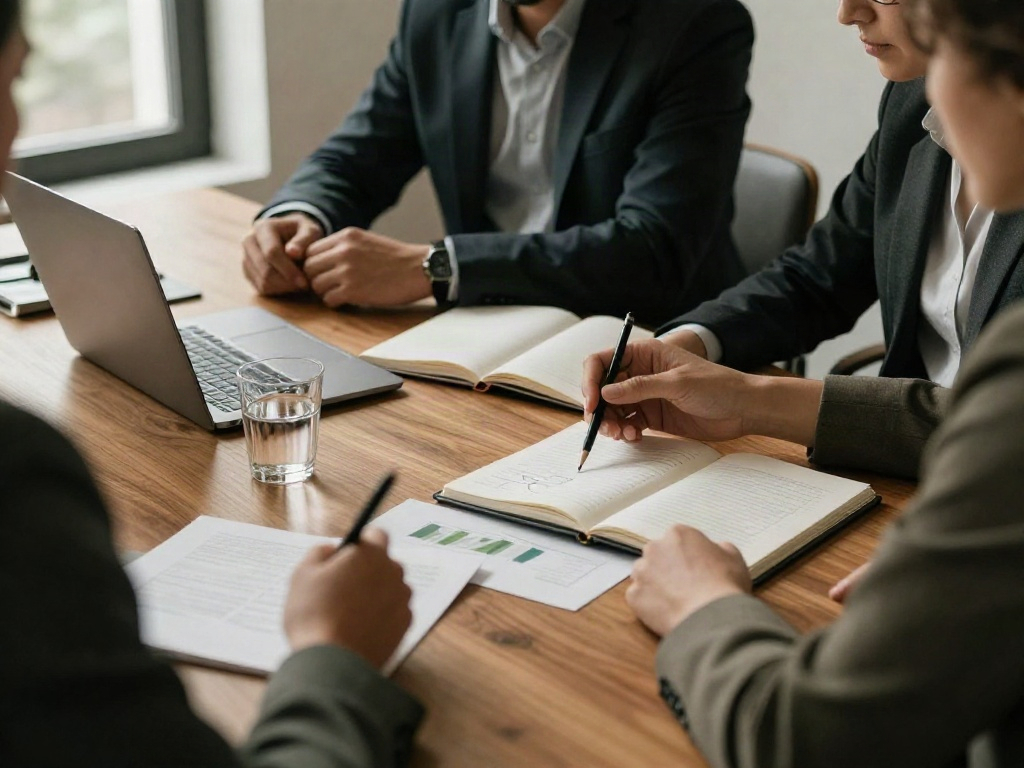 Consultants discussing business performance charts and strategic priorities around a meeting table