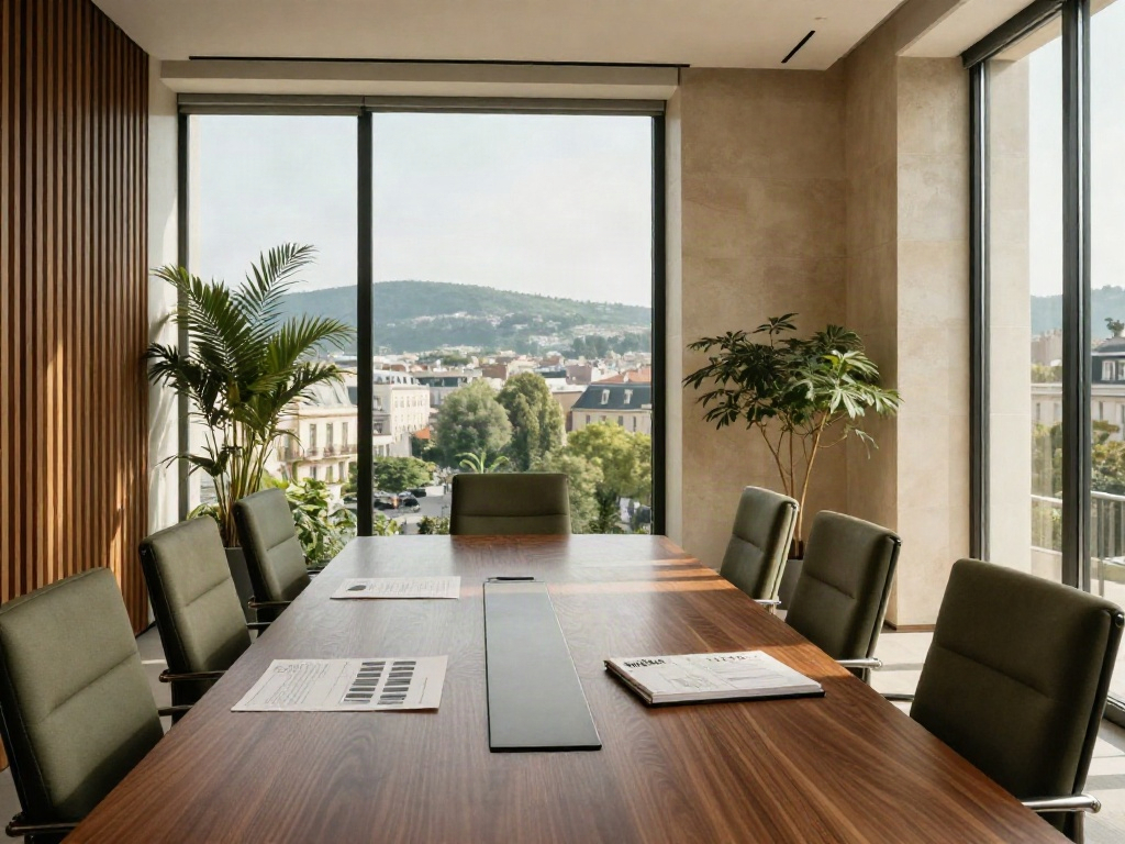 Sunlit contemporary boardroom with a walnut table, green chairs, and a view across the city